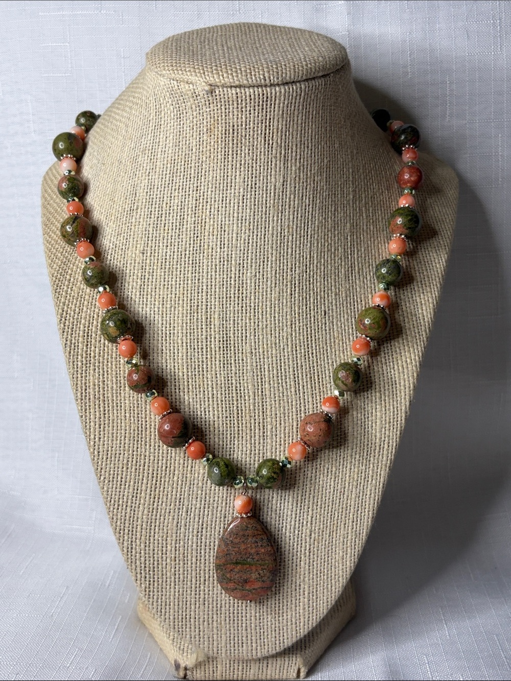 Handcrafted Unakite and Coral Necklace